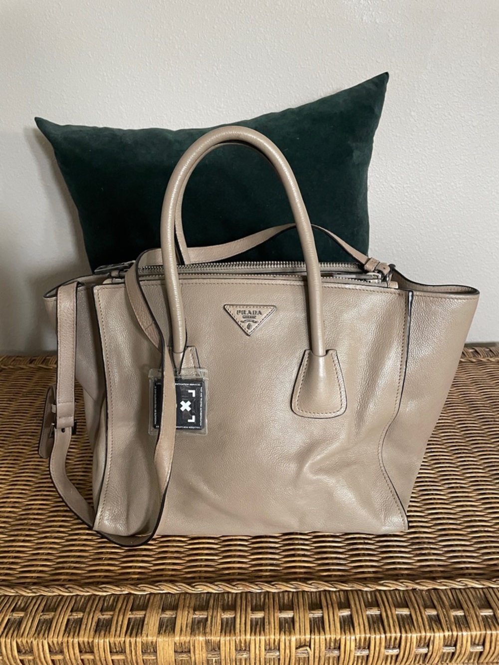 Prada Taupe large Double Zip Leather Tote with Top Handles and Shoulder Strap